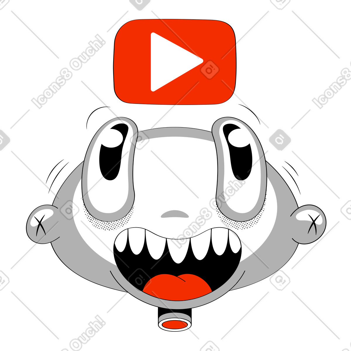 Looney スタイルの Excited character with red play button, Online video creation and sharing のイラストをPNG、SVG形式でダウンロード