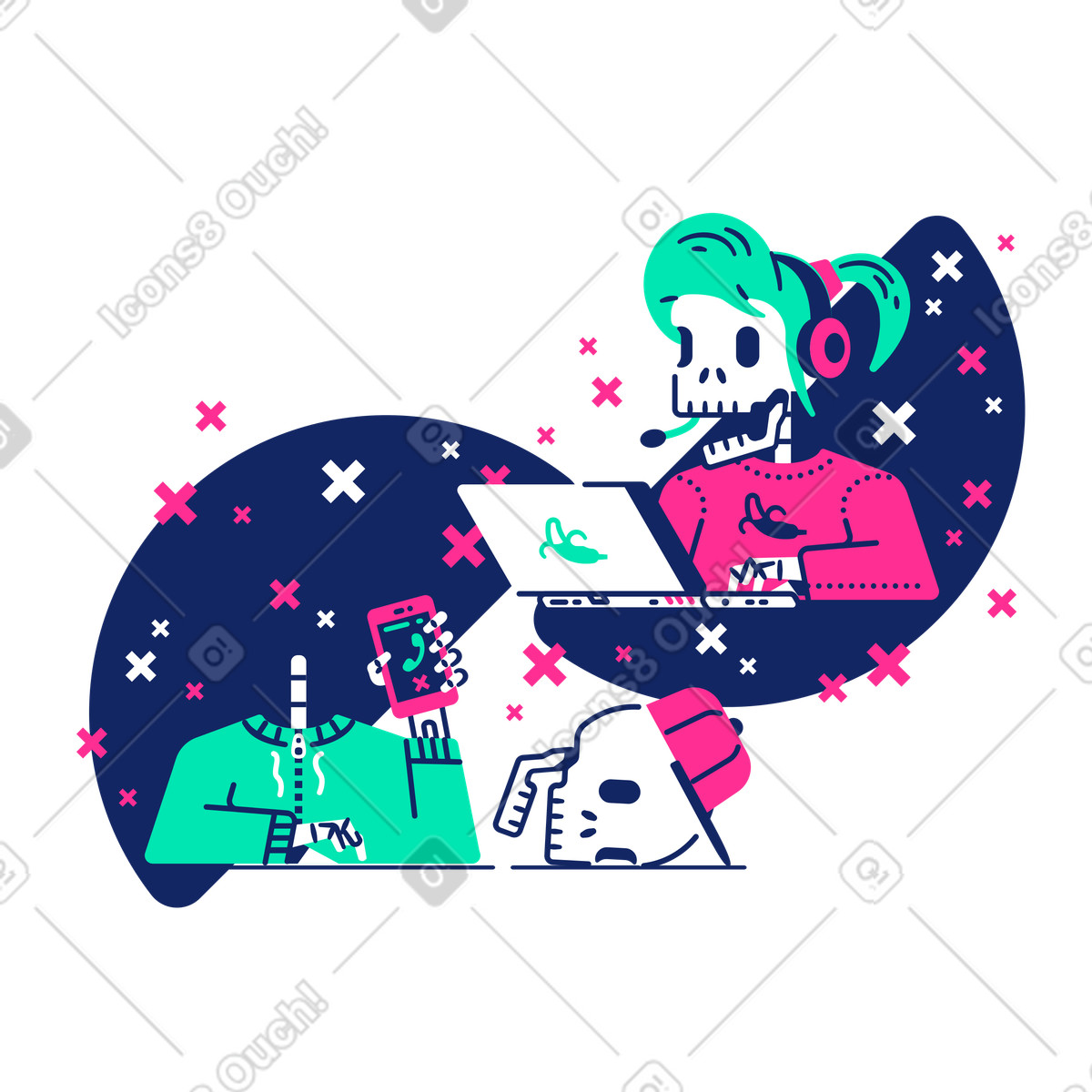 下载 Cyborg 风格的 Digital overload and screen addiction, Online frustration fatal error concept 插画，支持 PNG、SVG 格式