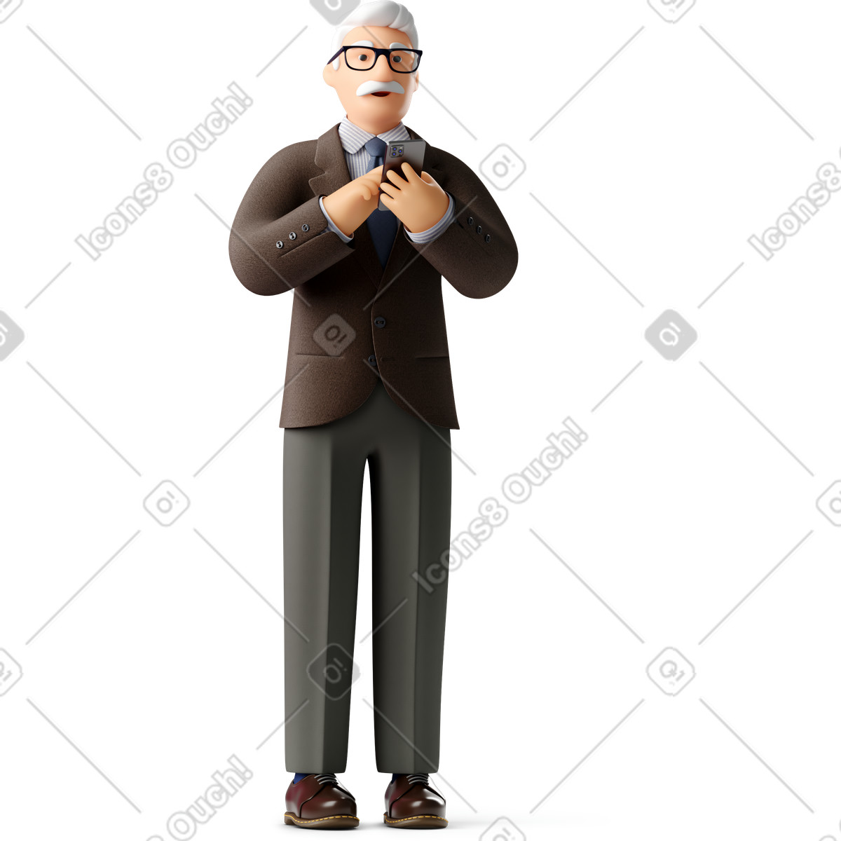 Vecchio uomo d'affari in abito classico e occhiali con il telefono che guarda da parte illustrazione stile 3D Business scarica PNG, SVG
