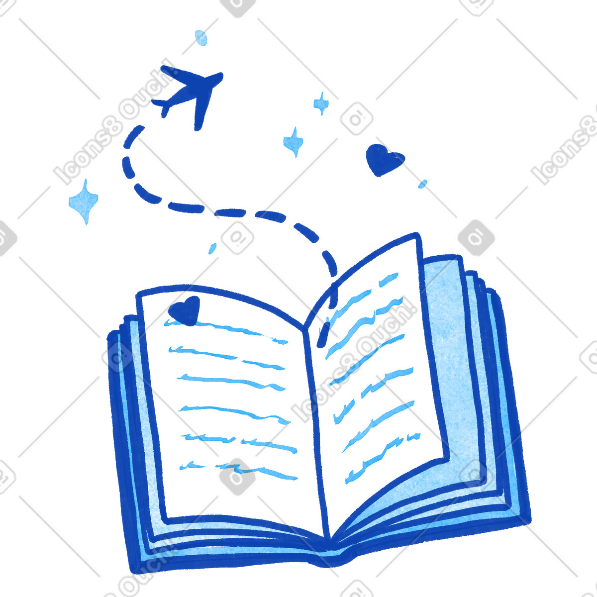 Story book creating imagination of flight path with hearts and stars-Illustration im Tint-Stil als Download in PNG, SVG