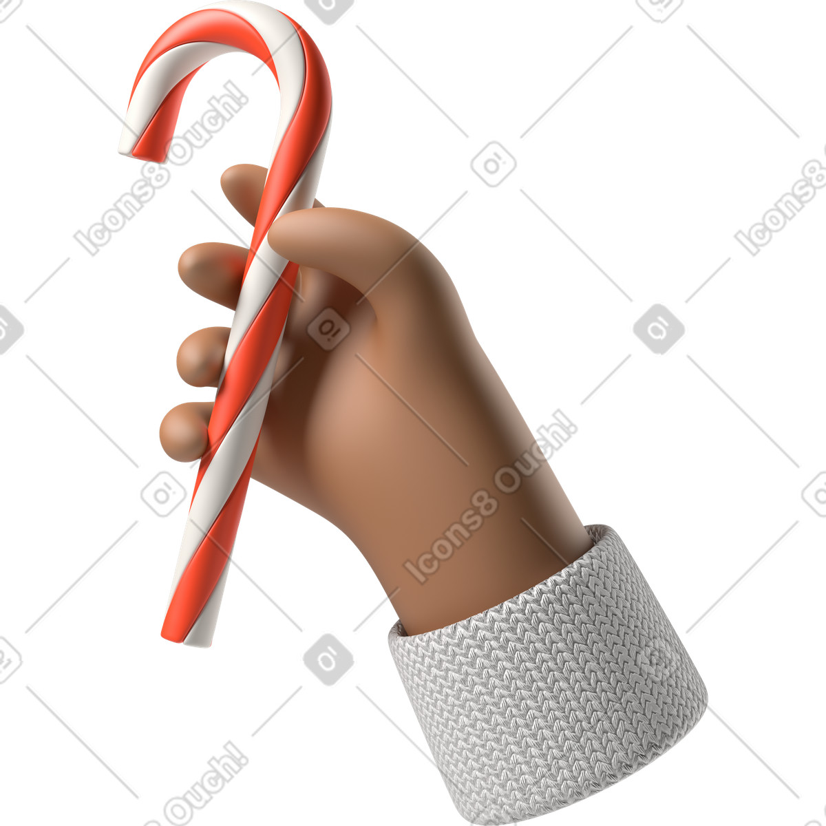 下载 3D Hands Fun&Wild 风格的 拿着圣诞棒棒糖的棕色皮肤手 插画，支持 PNG、SVG 格式