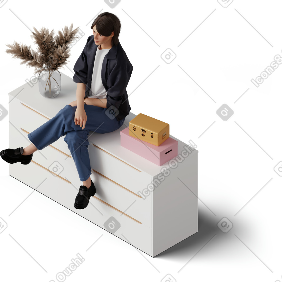Illustration Vue isométrique d'une jeune femme assise sur une commode dans le style 3D Hygge à télécharger aux formats PNG, SVG