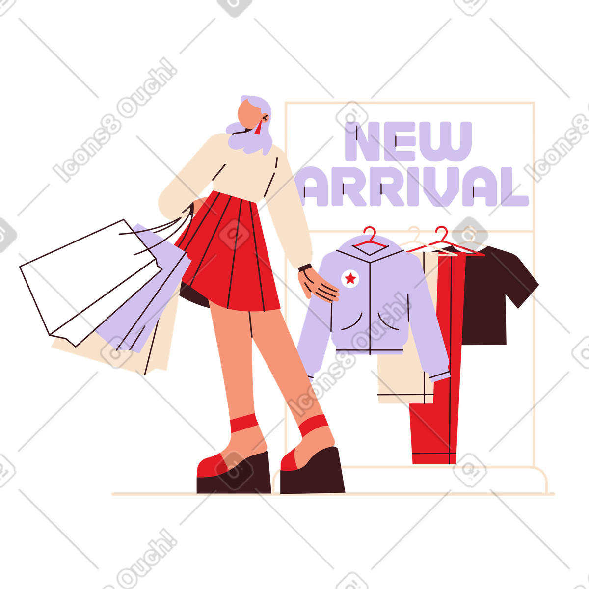 Shopper with bags at clothing rack, New arrival promotion illustration in Folks style download in PNG, SVG