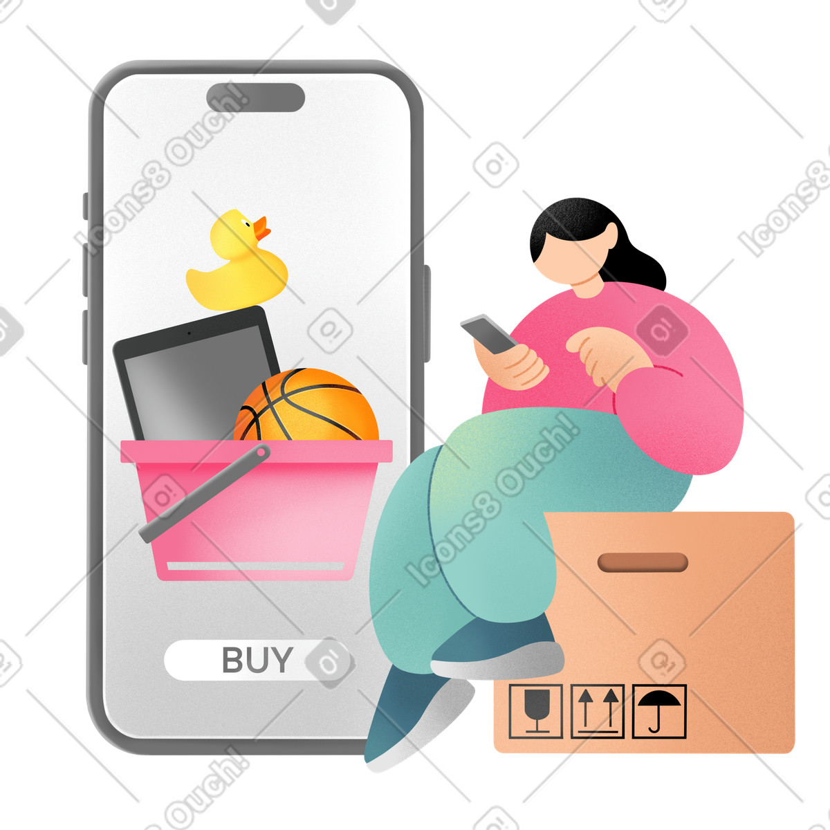 Young woman making an order in the online store illustration Joy style download PNG, SVG