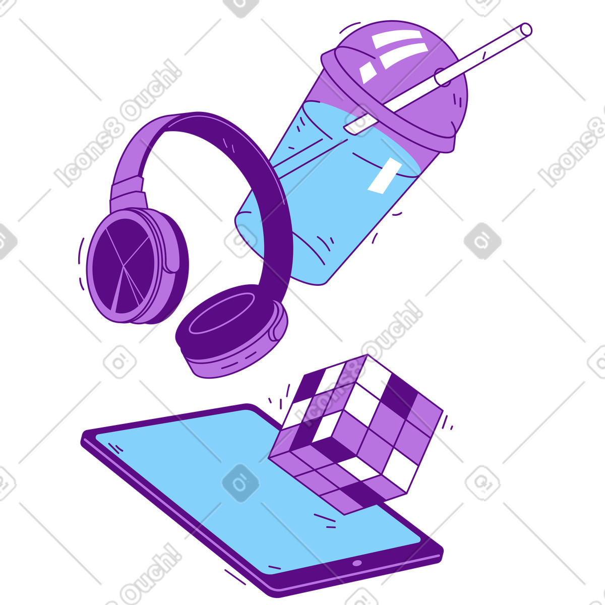 Ilustração de Tablet, fones ouvido, cubo rubik e bebida para jogos entretenimento em no estilo Storyline baixar em PNG, SVG