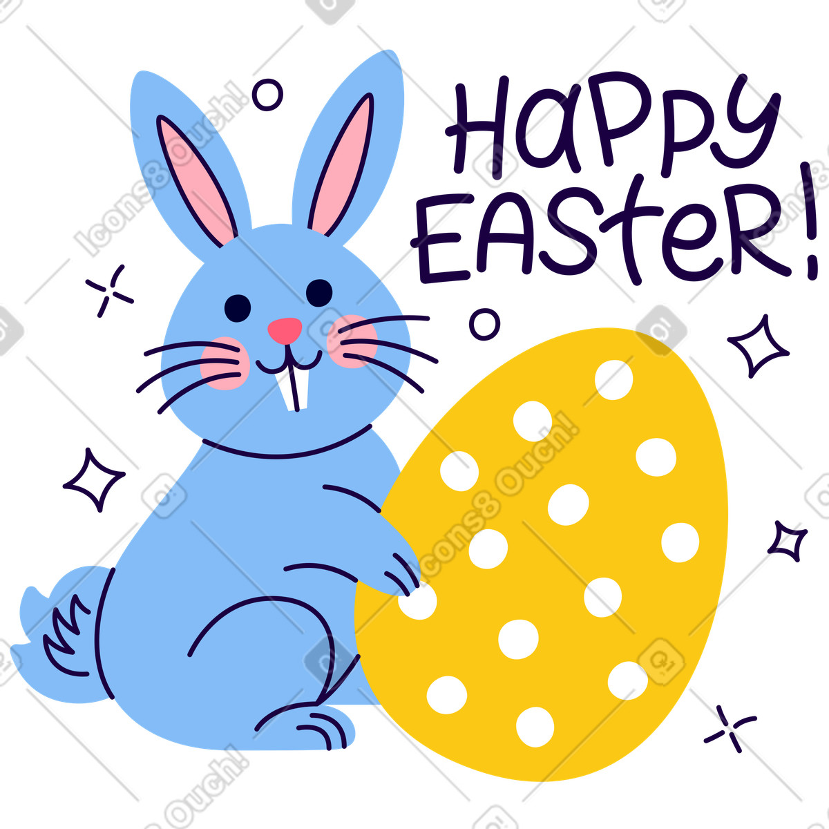 Lettering happy easter with bunny and stars text illustration in style download in PNG, SVG