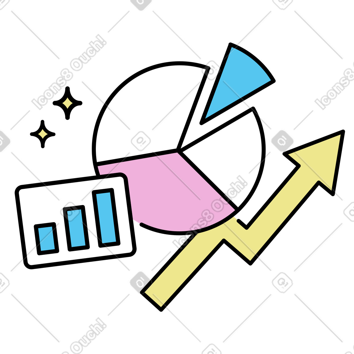 Ilustração de Pie and bar charts with upward arrow, Data analytics business growth em no estilo Mochi para baixar em PNG, SVG