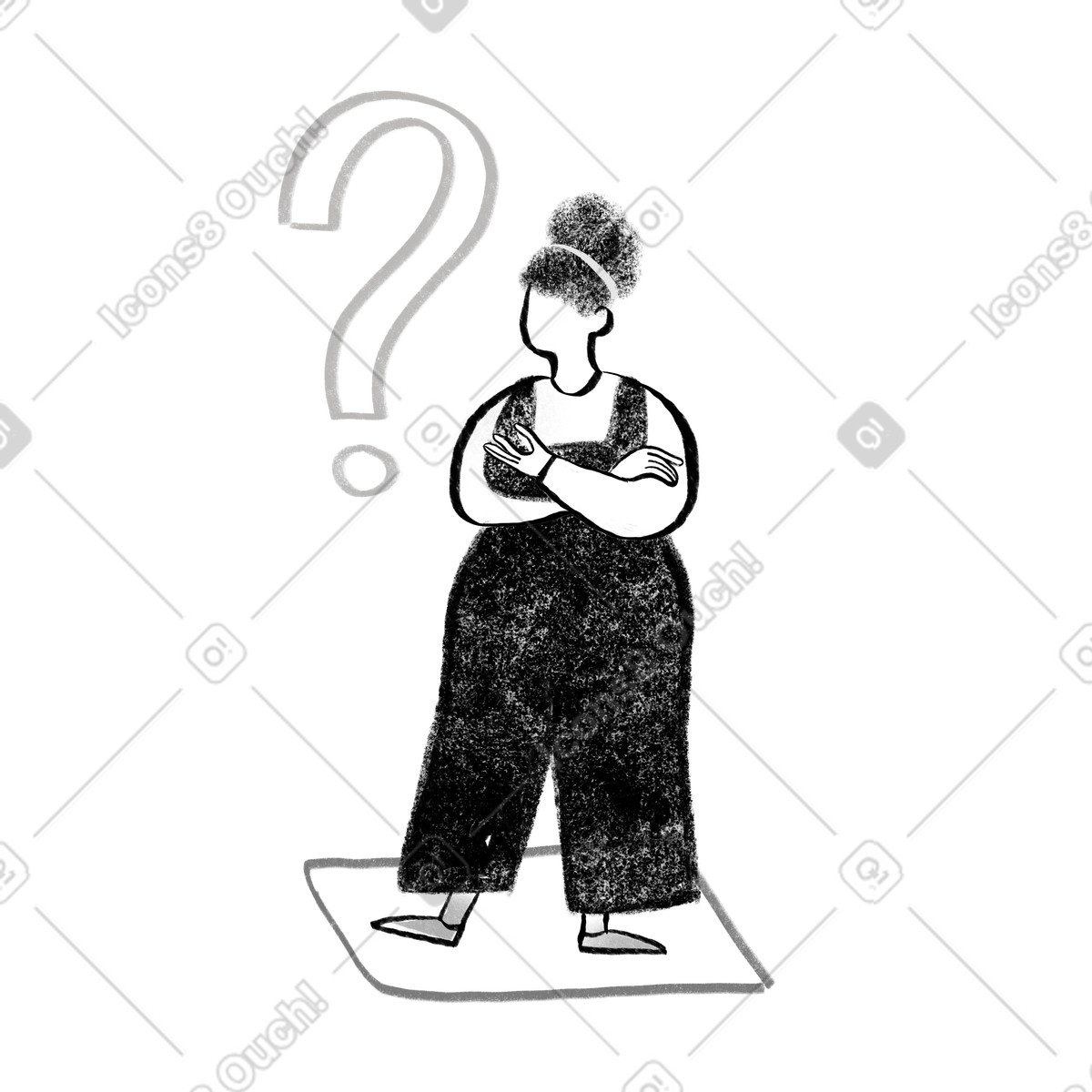 下载 Company 风格的 站立在问号附近的黑白弯曲的妇女 插画，支持 PNG、SVG 格式