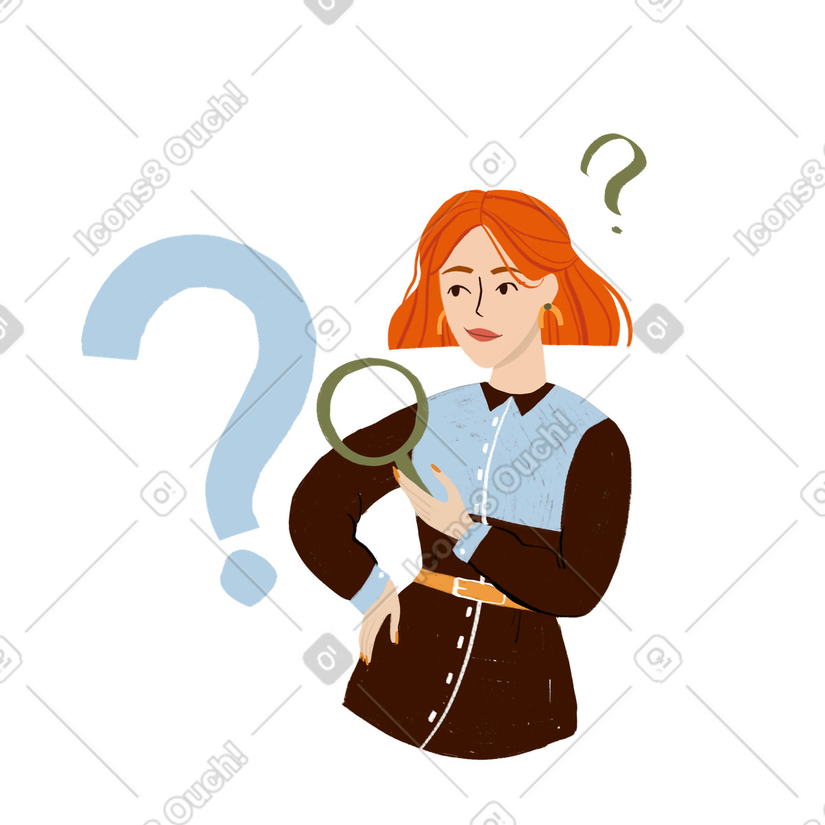 Woman with a magnifying glass looking at question mark illustrazione in stile Lumiere scarica in PNG, SVG