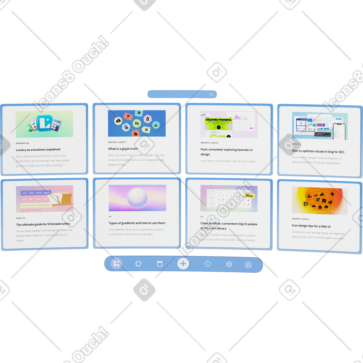 Blog posts from vr headset view illustration in 3D Hygge style download in PNG, SVG