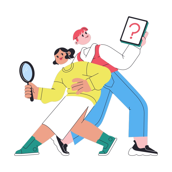 Two characters investigating with a magnifying glass and a question mark - Boba style illustration
