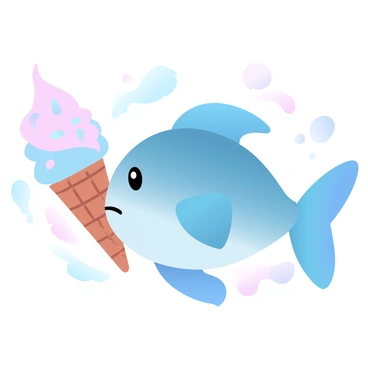 A small fish with vibrant colors is holding a tiny ice cream cone in its fin. The fish has a playful posture, with a slightly arched body, as it floats in water. The ice cream cone features swirls of pastel colors, resembling a scoop of soft serve. Bubbles are rising around the fish, adding a sense of movement to the scene. The background consists of soft, gradient pastel colors blending harmoniously.