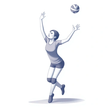 A player is depicted in a dynamic pose while serving a ball. The player is positioned with a strong stance, legs firmly planted on the ground, and the body slightly bent forward. The player's arms are raised, with one arm extending upwards to toss the ball into the air. The other arm is drawn back, prepared to strike the ball with power. The expression on the player’s face shows focus and determination. The background features a simple representation of a volleyball court, emphasizing the player's action.