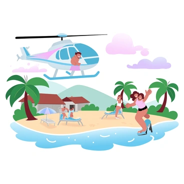 A helicopter is hovering above a tropical island resort, with guests disembarking onto a sandy beach. The helicopter is painted in bright colors, with its rotor blades spinning rapidly. Palm trees line the beach, swaying gently in the breeze. The resort consists of thatched-roof bungalows surrounded by lush greenery. Sun loungers and umbrellas are scattered on the beach, while crystal-clear water sparkles in the sunlight. A few guests are eagerly stepping onto the sand, with smiles as they arrive at their vacation destination. A vibrant sunset casts gradient pastel colors across the sky, enhancing the tropical atmosphere.