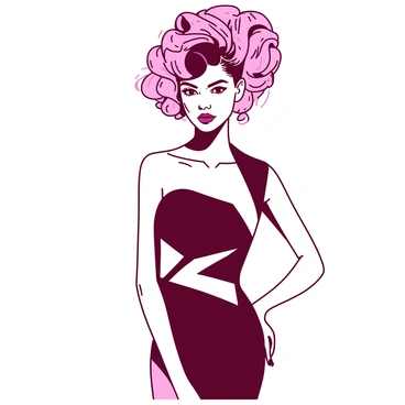 A model with an elaborate hairstyle featuring twisting and sculpted sections, showcasing vibrant volume and intricate patterns. She is wearing a sleek, fitted dress that emphasizes her silhouette, adorned with geometric cutouts. The dress has bold accents that enhance her high-fashion appearance. The model's makeup is striking, with defined cheekbones and a dramatic lip color that harmonizes with her hairstyle. Her confident pose highlights the unique elements of her look, creating a striking visual impact.