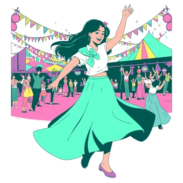 A teal Nico Robin is dancing joyfully at a vibrant music festival. Her long dark hair is adorned with colorful flowers, adding a festive touch to her appearance. She has a wide smile on her face, radiating happiness as she moves to the music. Surrounding her are lively festival decorations, with colorful banners fluttering in the breeze. The crowd around her is filled with people dancing and enjoying the atmosphere, enhancing the celebratory feel of the scene.