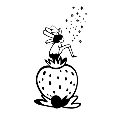 A tiny fairy with delicate wings is perched atop a large strawberry. She is in the act of sprinkling shimmering magic dust that surrounds her. The strawberry is detailed with its textured surface and green leaves at its base. Small sparkles fill the air around the fairy, creating an enchanting atmosphere.