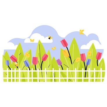 A panoramic view of a garden filled with vibrant green foliage and colorful flower buds. The flowers display a variety of shades, including red, yellow, blue, and purple, with some in full bloom and others just beginning to open. Butterflies and bees are gently hovering around the flowers, adding movement to the scene. A white picket fence borders the garden, and a clear blue sky is visible above, dotted with fluffy white clouds.