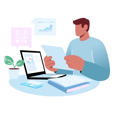 A young adult is sitting at a table with a piece of paper in their hands, looking at the document that contains genetic testing results related to Huntington's disease. On the table, there is a laptop open, displaying a digital report with graphs and charts. A small potted plant is positioned on the corner of the table, and a stack of medical brochures is placed nearby. The background features soft gradient pastel colors that create a calming atmosphere.