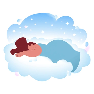 A kanako character with flowing hair is lying on a soft, fluffy cloud. The character is dressed in a flowing gown that gently drapes around them. Surrounding the character are shimmering stars that twinkle against a deep blue night sky filled with gradient pastel colors. The cloud has a soft, billowy texture, contrasting with the sparkling stars above. The scene conveys a tranquil atmosphere filled with wonder and serenity.