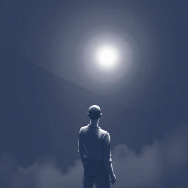 A solitary figure standing amidst a dark expanse. The figure is facing a distant light source, which emerges as a small, bright point in the far background. The posture of the figure suggests a sense of determination, with shoulders squared and head held high. The surrounding darkness creates a stark contrast to the light, enhancing the sense of depth in the scene. The figure's face is partially illuminated by the light, revealing a look of resolve, while the eyes are focused on the glowing beacon ahead, symbolizing hope and the act of overcoming fear.