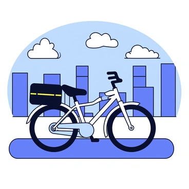 A cyclist's saddlebag is attached to the rear of a bicycle. The saddlebag is black with reflective strips and has a simple rectangular shape. The bicycle features thin tires and a lightweight frame. In the background, there is a cityscape with tall buildings and a clear blue sky. A few fluffy clouds are scattered across the sky, creating a sense of depth in the scene. The bicycle stands on a paved path, suggesting a vibrant urban environment.