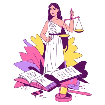 A bright and colorful depiction of "Themis," the personification of justice, stands confidently at the center. She is holding a set of scales in her right hand, emphasizing balance and fairness. Surrounding her are various symbols of justice, including large, open "law books" scattered around her feet and several "gavels" positioned prominently. The background features a blend of vibrant colors, enhancing the lively atmosphere of the scene. Themis is depicted with a calm expression, embodying the ideals of justice and order.