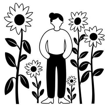A portrait of a person named "Davies" standing amid a field of blooming sunflowers. "Davies" is wearing a light shirt and is positioned centrally in the image. The sunflowers surround "Davies," with their tall stems and large petals creating a vibrant backdrop. The scene captures the essence of summer with the sunflowers reaching upward, their heads turned towards an implied light source. The overall composition focuses on "Davies" as the central figure in this lively and natural setting.