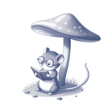 A small mouse is sitting on the ground, wearing round glasses that rest on its tiny nose. The mouse is engrossed in reading a tiny book, which is positioned open on its lap. Above the mouse, there is a large mushroom acting as an umbrella, with its cap extending outward, providing shelter. The mushroom has a broad, domed shape and a textured stem. Surrounding the mouse, there is a grassy area with small pebbles scattered around, adding to the scene's charm.