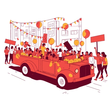 A red parade float decorated with vibrant orange flowers is moving through the street. Colorful balloons in various shapes and sizes are floating above the crowd, while a diverse group of people in bright clothing is dancing and celebrating around the float. Some of the people are waving small red flags, and others are holding large orange signs. In the background, there are colorful streamers hanging from buildings, adding to the festive atmosphere.