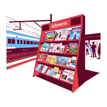 A red newspaper stand is situated on a railway platform. The stand is filled with various colorful magazines and newspapers, displaying vibrant covers featuring images of celebrities, travel destinations, and current events. The platform is bustling with passengers, some stopping to browse the selection. In the background, a blue train is approaching the platform, casting a sense of movement into the scene. Bright sunlight illuminates the stand, enhancing the colors of the publications and creating a lively atmosphere.