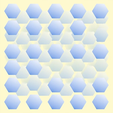 A series of identical geometric shapes, specifically hexagons, are arranged in a tightly organized pattern across the canvas. Each hexagon is filled with a gradient of colors transitioning from light blue to deep navy. The hexagons are evenly spaced, creating a rhythmic flow that leads the eye from one shape to the next. The background is a soft pastel yellow, accentuating the vibrancy of the hexagons and enhancing the overall visual harmony of the image.