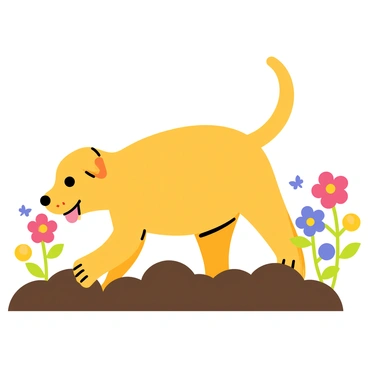 A yellow Labrador digging in a garden, with its front paws pushing through the soft, dark soil. The dog has a joyful expression, with its ears perked up and tail wagging. Surrounding the Labrador are vibrant, blooming flowers in various colors, including red, blue, and yellow. The flowers have green leaves, and there are small butterflies fluttering around them. The sun shines down brightly, illuminating the scene and enhancing the colors of the flowers.