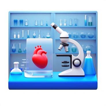 A human heart specimen placed on a microscope slide. The microscope is positioned beside the slide, featuring intricate lenses and illuminated by a bright light. Surrounding the microscope, there are laboratory tools such as pipettes and petri dishes. The background is filled with shelves holding various scientific glassware and equipment, creating a detailed laboratory environment.