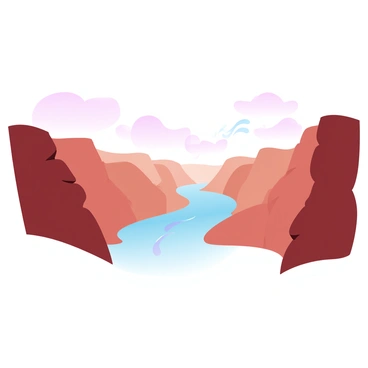 A panoramic view of a vast canyon stretches across the image, showcasing rugged rock formations in varying shades of brown and orange. Jagged cliffs rise steeply on either side, while a winding river flows through the canyon floor, reflecting the sunlight. Across the canyon, sound waves are visually represented as gentle, wavy lines radiating from the river and bouncing off the canyon walls, illustrating the concept of an echo. The sky above is a gradient of pastel colors, transitioning smoothly from soft pink to light blue, creating a tranquil atmosphere.