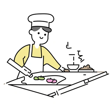 A baker, wearing a white apron and a chef's hat, is standing at a wooden countertop. He is using a rolling pin to flatten a sheet of dough, which is laid out in front of him. On one side of the dough, there are sliced green and red apples arranged neatly. The baker is carefully placing the apple slices, and there is a small bowl of cinnamon and sugar nearby. The kitchen has a warm ambiance with a few baking trays and utensils scattered around.