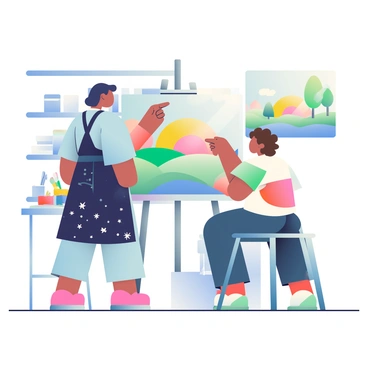 An art teacher with short black hair is standing beside a student's easel, pointing at various areas on a canvas painting. The teacher is wearing a light blue shirt and a dark apron speckled with paint. The student, seated on a stool, has curly brown hair and is wearing a white t-shirt. They are observing the teacher attentively. The canvas features a colorful landscape, with a bright sky, rolling hills, and trees in varying shades of green. There are paintbrushes and a palette with vibrant colors on a small table beside the easel. The room is filled with art supplies and has white walls.