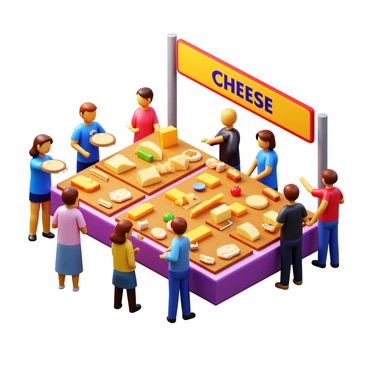 An outdoor cheese festival stand showcasing a wide array of cheese samples. Various types of cheese, including cheddar, brie, and gouda, are neatly arranged on wooden boards. The stand is decorated with colorful banners featuring the word "Cheese" in bold letters. Small tasting plates and utensils are provided for visitors to sample the cheeses. Fresh fruits, nuts, and crackers accompany the cheese selection, enhancing the visual appeal. The scene is lively, with people gathering around the stand, engaging and enjoying the offerings.