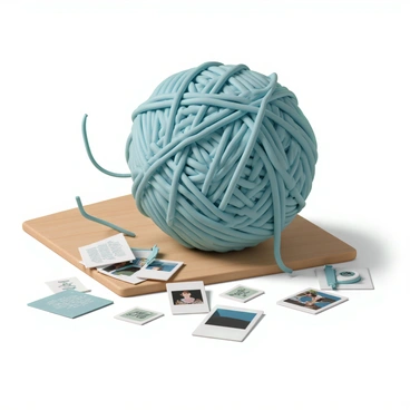 A large ball of colorful yarn, primarily in shades of blue and green, sits on a wooden surface. The yarn is partially unraveled, with strands cascading down in a chaotic yet delicate manner. Scattered around the yarn are small, faded photographs and pieces of paper with handwritten notes, hinting at memories being unearthed. A soft light casts gentle shadows, emphasizing the textures of both the yarn and the photographs. The scene conveys a sense of nostalgia as the yarn continues to unwind, illustrating the concept of memories coming to the surface over time.