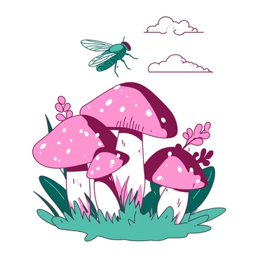 A teal fly is hovering above a cluster of large, pink mushrooms that are various heights and shapes. The mushrooms are vividly colored, featuring spots and swirls on their caps. Surrounding the mushrooms, there are vibrant green leaves and grass, adding to the playful atmosphere. In the background, there are hints of other oversized plants, and the sky above displays soft clouds, creating an enchanting scene reminiscent of a fantastical world.