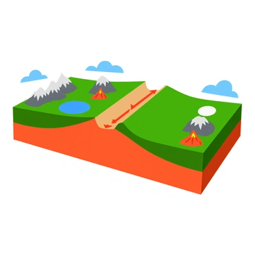 A geographical illustration of a convergent tectonic boundary is shown, featuring two distinct tectonic plates. One plate is depicted being subducted beneath the other, creating a noticeable angle as it moves downward into the Earth. The upper plate is slightly elevated, illustrating the pressure and interaction between the two. Arrows indicate the direction of movement, highlighting the process of slab pull. Surrounding the plates, there are details like volcanic activity represented by small eruptions and mountain ranges emerging at the boundary line. Rich colors emphasize the dynamics of the Earth's crust in this tectonic scenario.