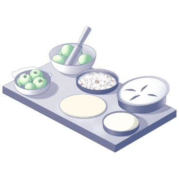 A kitchen countertop is filled with various ingredients for making an apple pie. In the first step, a bowl contains peeled and sliced green apples mixed with sugar and cinnamon. The next step shows a rolling pin flattening the dough on a floured surface. The third step features a prepared pie dish with the rolled-out dough placed inside, neatly trimmed around the edges. The fourth step includes the apple mixture being poured into the pie crust. The final step displays the top crust being placed over the filling, with slits cut for ventilation, and the pie ready to be baked in an oven. Each step is clearly numbered to illustrate the process clearly.