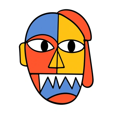 A face illustration composed of various geometric shapes with sharp angles and bold lines. The face has large, expressive eyes, and features that are fragmented and abstracted through the use of intersecting shapes. The colors include vibrant shades of blue, yellow, and red, emphasizing different sections of the face. The mouth is depicted as a series of angular forms, reflecting an intense expression. The overall composition is a harmonious blend of contrasting colors and shapes that come together to form a captivating representation of a human face.