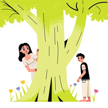 Juliet is partially hidden behind a tall, leafy tree with a thick trunk. She has long, flowing hair and is wearing a flowing dress with intricate patterns. Her eyes are wide with curiosity as she peeks out from behind the tree trunk. Romeo stands a short distance away, looking around with a hopeful expression. He is wearing a simple tunic and has a slightly tousled hairstyle. The setting is a green forest with dappled sunlight filtering through the leaves, casting playful shadows on the ground. A few colorful flowers are scattered nearby, adding vibrant touches to the scene.