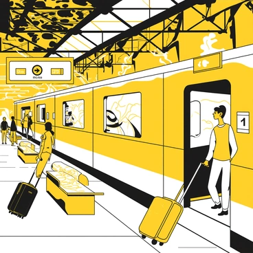 A train platform in an airport with walls covered in large, intricate murals. The murals feature abstract designs and dynamic shapes that create a lively atmosphere. The platform is bustling with people, including travelers pulling suitcases and waiting for trains. Brightly lit signs indicate train schedules and directions. There are benches for passengers to sit, and the floor of the platform is tiled for durability. The ceiling is high and industrial, with exposed beams and lights illuminating the vibrant artwork.