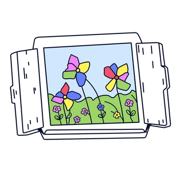 A rustic wooden window with peeling white paint. The window is slightly open, allowing a gentle breeze to flow through. Outside the window, several colorful pinwheels are spinning in the wind. Each pinwheel features bright colors such as red, blue, yellow, and green. The background showcases a blurred garden filled with green grass and a few blooming flowers, enhancing the lively atmosphere.