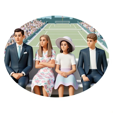 Members of the Royal Family are seated in the Royal Box at Wimbledon. The scene includes four individuals: a man in a navy suit with a light blue tie and a tasteful pocket square, a woman in a floral dress with a wide-brimmed hat, a younger woman in a white blouse paired with a pastel-colored skirt, and a young boy in a smart casual outfit with a blazer. They are all looking intently at the tennis match in progress on the court below. The atmosphere is lively, with the crowd in the background cheering and waving flags, while the green grass of the tennis court contrasts against the bright colors of the attendees' outfits. Each member displays expressions of interest and excitement as they watch the game unfold.