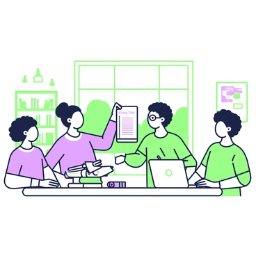A group of four students is sitting around a large, round table in a bright, open study area. Each student has a stack of papers in front of them, with their essays titled "Essay Title" visible on the top page. One student with curly hair is handing a paper to another student with glasses, who is smiling and taking it with their right hand. A laptop is open in front of another student, showing a document with highlighted text. On the table, there are colorful sticky notes and pens scattered around. A large window provides plenty of natural light, and a bookshelf filled with books is visible in the background.