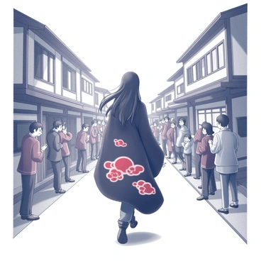 A figure dressed in a dark cloak with red cloud patterns walks through the streets of Konoha. The character has long, dark hair that flows gently behind them. Villagers line the sides of the street, their expressions a mix of awe and fear as they look towards the figure. Some villagers hold onto their children, while others whisper among themselves, creating an atmosphere of tension. The buildings of Konoha, with traditional Japanese architectural features, frame the scene, emphasizing the contrast between the figure and the surrounding community.