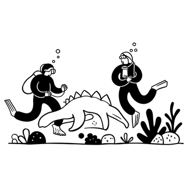 Two divers in wetsuits are exploring the seabed, focusing on a large, partially exposed fossil of an ancient marine dinosaur. The fossil is intricately detailed, showcasing the bones and features of the creature. One diver is kneeling beside the fossil, using a brush to gently clean the sediment away, while the other diver is hovering above, holding a camera to document the discovery. Surrounding them are various marine plants and small rocks, adding to the underwater environment. Bubbles rise from their scuba gear, creating a dynamic underwater scene.